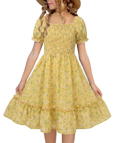 FREELYVE Girls Summer Floral Smocked Dress Square Neck Puff Sleeve Ruffle School Party Teen Sundress,Yellow,6-7Y - Image 1