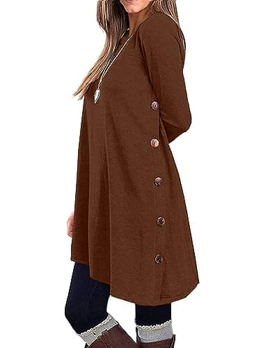 KORSIS Dresses for Women Coffee Small Long Sleeve Round Neck Casual Button Side T Shirts Loose Fitting Girls Sweater Fall Winter Tunic Dress - Image 1