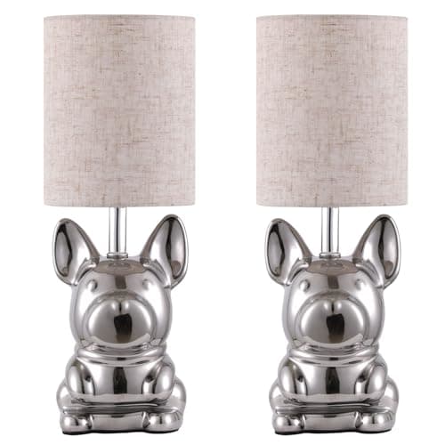 EOEYYOYB Set of 2 Ceramic Table Lamp, Puppy Shape Desk Lamp Cute Bedside Lamp for Nightstand, Living Room, Bedroom, Gifts for Kids Girls, 4W LED Bulb Included, Chrome - Image 1