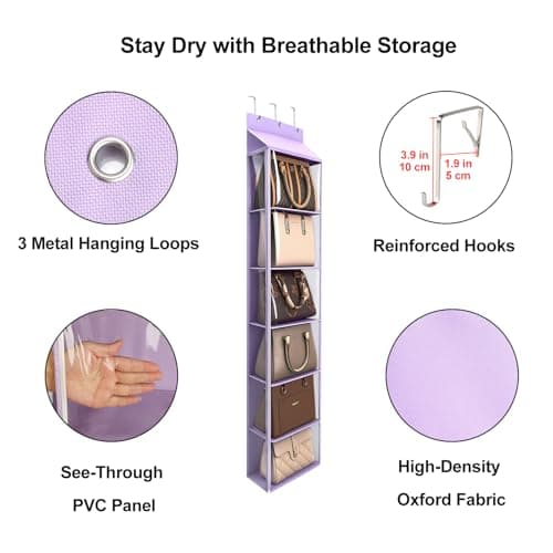 Lirex Over The Door Purse Organizer & Purse Shelf for Closet – Handbag Storage Organizer with Purse Hanger. Perfect for Scarves, Hats, and Leggings. S (11.8'' x 5'' x 51.6''), Purple - Thumbnail 3