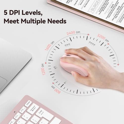 TECKNET Wireless Mouse for Laptop, 2.4G Silent Computer Mouse Quiet Click with 5 DPI Levels,Contoured Grip,Small Portable 30 Months Battery Cordless Mice for PC, Chromebook, Mac - Pink - Thumbnail 4