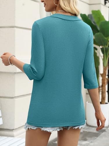 YESTTO Womens Tops 3/4 Sleeve V Neck Tunic Tops Casual Loose Fit Shirts Soft Lightweight Blouses Summer Dressy Basic Tees Cyan - Thumbnail 5