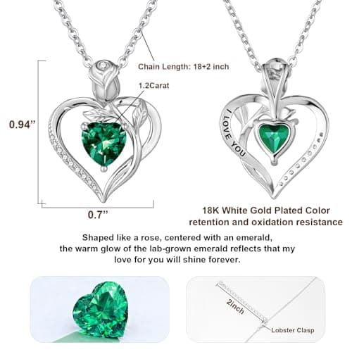 JACUPO Heart Birthstone Silver Necklace for Women(05 - Emerald) - Thumbnail 2