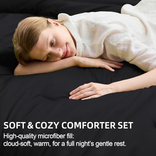 FUANNA Queen Comforter Set Black, 7 Pieces Soft Bedding Sets Queen Size, All Season Lightweight Bed in a Bag with Comforter, Flat Sheet, Fitted Sheet, Pillowcases & Shams - Thumbnail 3
