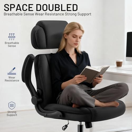 AreShark Ergonomic Office Chair with Lumbar Support, 400lbs Heavy Duty Big and Tall Executive Desk Chair, PU Leather High Back Computer Chair with Flip-Up Arms & Adjustable Headrest, Black - Thumbnail 4