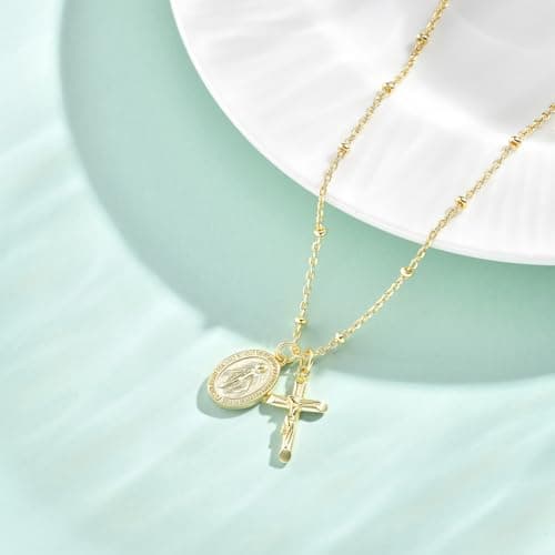 Juvux Virgin Mary Cross Necklace for Women Girls Cross Pendant Necklace Plated 14K Gold Simple Jesus Cross Necklace for Girls First Communion Religious Easter Baptism Gifts - Thumbnail 5