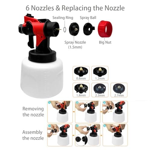 HONJAN Cordless Paint Sprayer, Sprayer Cup, 6 Brass Nozzles and Paper Filter for Home Interior and Exterior, Fence, Deck and Furniture Red(Require Battery Not Include) - Thumbnail 4