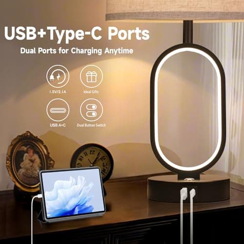 NITOWOLF 23" Bedside Lamps Set of 2, Farmhouse 3-Way Dimmable Touch Lamps for Nightstand, Built-in Night Light Bedside Table Lamp with USB A+C Ports, Black Table Lamp, LED Bulbs Included - Thumbnail 4