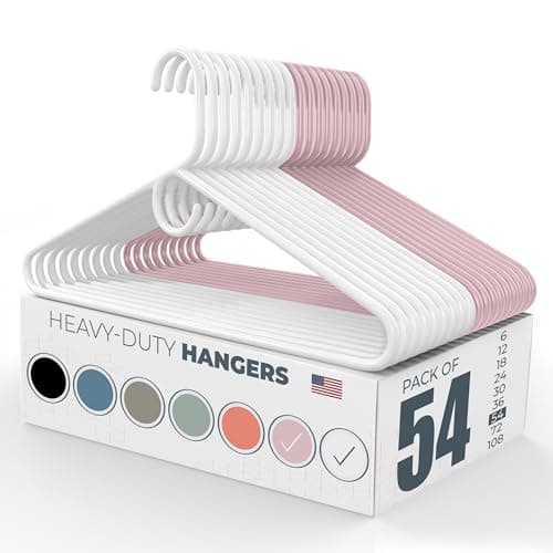 Neaties Heavy Duty Clothes Hangers 50 Pack (54 Count) – Made in the USA – 8lb Capacity Plastic Hangers for Adult Clothing – Durable for Pants, Coats, Jackets, or Jeans – White & Pink - Image 1