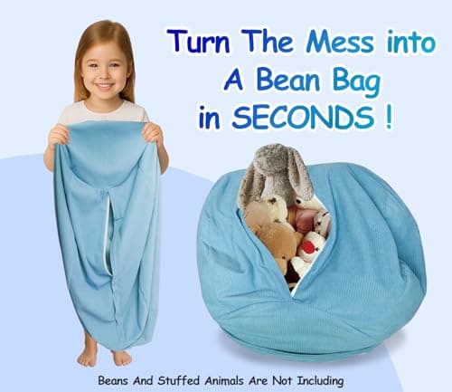 Stuffed Storage Bean Bag (No Filler) Keep Your Plush Toys More Organized Teens Children Lazy Playroom Perfect Ultra Soft Beanbag Washable Space Save Organizer Blue - Thumbnail 2