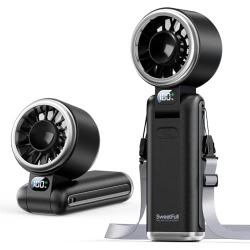 SWEETFULL Portable Handheld Turbo Fan - Portable Fans Rechargeable, 5000mAh, 180° Adjustable, 5 Speed Wind, Digital Display Electric Personal Hand Fan Quiet, Travel Essentials, Beach Vacation (Black)