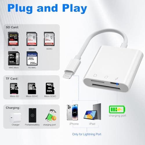Denlane SD Card Reader for iPhone iPad with Lightning Port, SD & Micro SD Dual Slots Memory Card Reader for Digital Trail Camera Card Adapter SD Card Viewer, Simultaneous Charging and Reading - Thumbnail 2