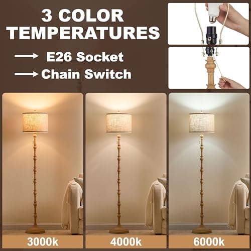 Leasgy 63.5'' Floor Lamps for Living Room, Farmhouse Floor Lamp for Bedroom with 3 Color Temperatures, Vintage Standing Lamps for Living Room, Living Room Light, Chain Switch, Bulb Included, Cream - Thumbnail 3