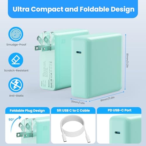 Kioson Mac Book Pro Charger - 120W USB C Charger Fast Charger, Compact Laptop Charger Adapter Compatible with USB C Port MacBook Pro/Air, iPad Pro, Samsung Galaxy and All USB-C Devices (Light Green) - Thumbnail 5
