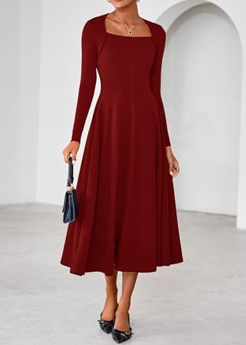 Lazysmile Long Sleeve Fall Dresses for Women Square Neck A Line Flowy Casual Elegant Wedding Guest Party Maxi Dress Wine Red - Thumbnail 5