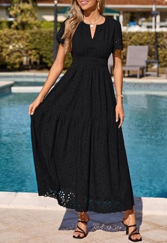 PRETTYGARDEN Womens Summer Maxi Dress Short Sleeve V Neck Cotton Hollow Out A Line Beach Vacation Long Dresses with Pockets (Black, Large) - Thumbnail 2