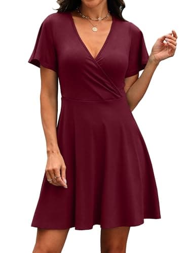 Wedding Guest Dressss Wrap V Neck Party Cocktail Sundress Red Summer Dress Mom Outfits Burgundy XL - Thumbnail 4