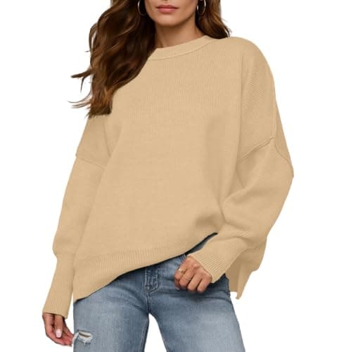 Womens Sweaters Fall 2025 Oversized Crewneck Batwing Long Sleeve Ribbed Knit Cute Sweaters Pullover Tops Khaki - Image 1