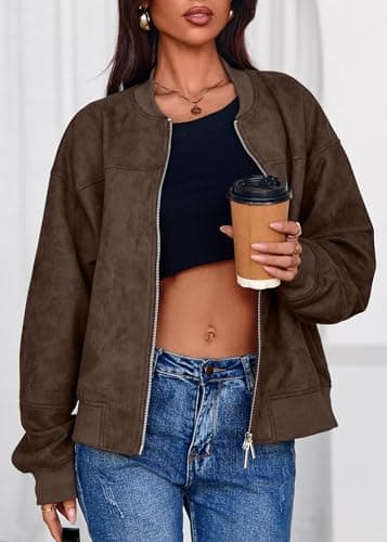 Lazysmile Women's Faux Suede Bomber Jackets Fall Fashion Outfits Winter Clothes Stand Collar Zip Up Coats Outwear with Pockets - Thumbnail 3