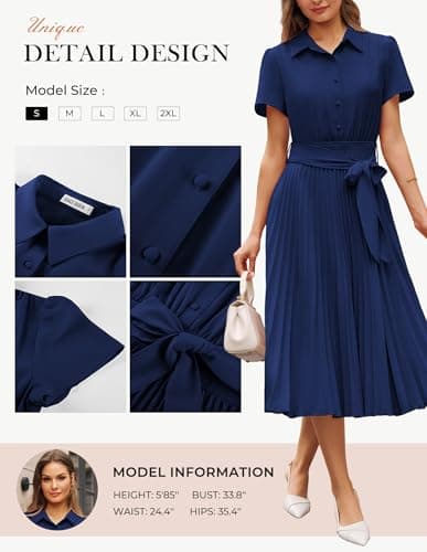 GRACE KARIN Women's 2026 Summer Midi Work Dress Short Sleeve Button Shirt Dresses A Line Pleated Belt Business Casual Dresses Navy Blue L - Thumbnail 5