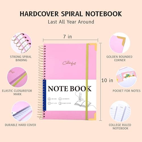 Yoment Hardcover B5 Spiral Notebook 200 Pages with Folder Pockets, College Ruled Notebooks for School Home 7 X 10 Aesthetic Cute Notebooks for Women, Pink - Thumbnail 4