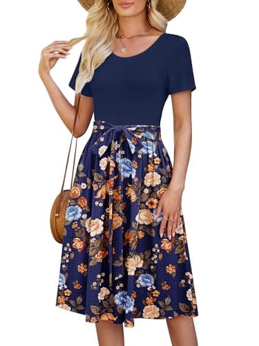 Heymoments Women Dresses Print Floral Small Wedding Guest Crewneck Short Sleeves A line Casual Flowy Swing Cocktail Slimming Birthday Party Summer Travel Long Midi Dress with Pocket - Image 1