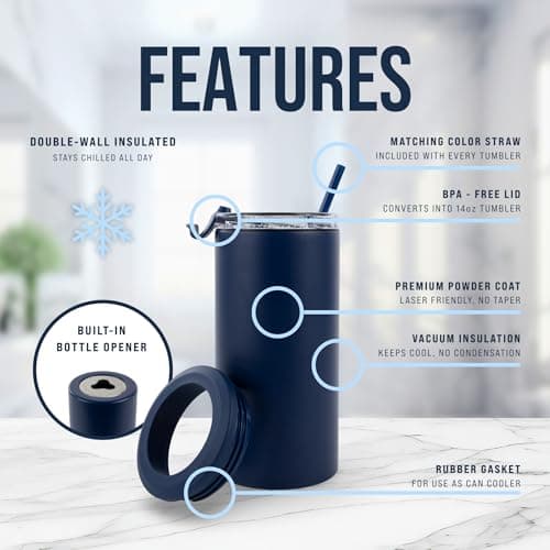 4 in 1 Universal Can Cooler - Navy Blue, Can Holder Insulated, Beer Bottle Cooler, Universal Holder for All Drink Sizes, Stainless Steel Insulated Tumbler, Tailgating Accessories - Thumbnail 3