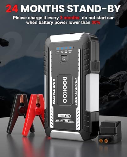 BOOKOO Portable Car Jump Starter, 4500A Jump Start Battery Pack up to 10.0L Gas/ 8.0L Diesel Engines, 12V Car Battery Jump Box with Jumper Cables, Power Bank/QC3.0/Dual Output/LED Light (Silver) - Thumbnail 6