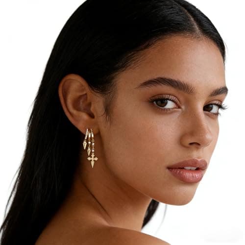 Gold Dangle Earrings for Women, 14k Gold Plated Statement Triple Hoop Illusion Gold Cross Earrings Cubic Zirconia Huggie Earrings for Women Trendy - Thumbnail 4