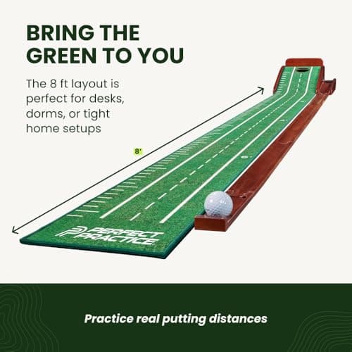 Perfect Practice Compact 8' Putting Mat with Automatic Ball Return – Space-Saving Indoor Putting Green for Apartments, Home & Office – Golf Training Aid with Alignment Guides - Thumbnail 3