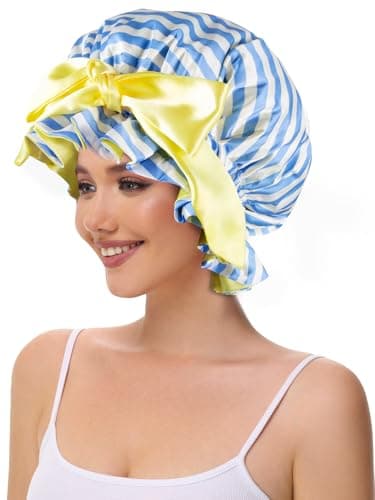 Vettres Silk Bonnet, Satin Hair Shower Cap for Sleeping Women 2026 Tie Band Adjustable Straps Head Wrap for Curly Hair Blue Stripe F - Thumbnail 5