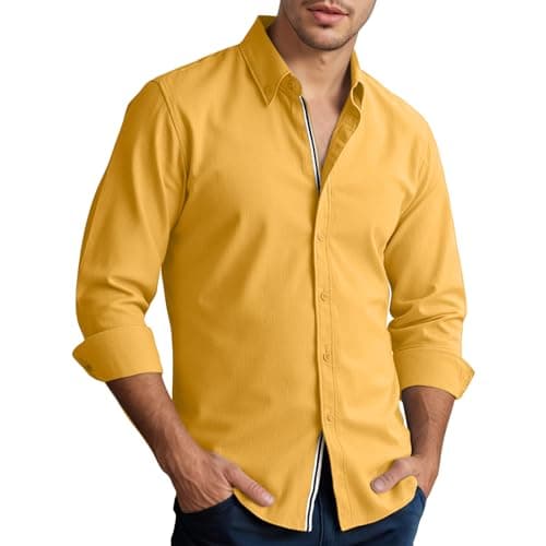 Men’s Casual Untucked Button Down Shirt Long Sleeve Stylish Business Casual Dress Shirts for Men Yellow - Image 1
