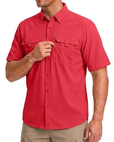 BETBO Men's Short Sleeves Fishing Shirts Button Down Summer Travel Work Shirts with Zipper Pockets(Red, Large) - Image 1