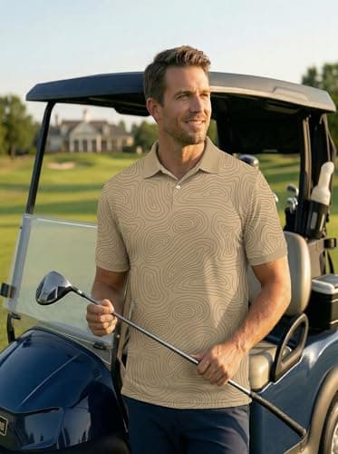 KUYIGO Golf Shirts for Men Dry Fit Moisture Wicking Performance Athletic Lightweight Casual Collared Polo Shirt M Moire Khaki - Thumbnail 2