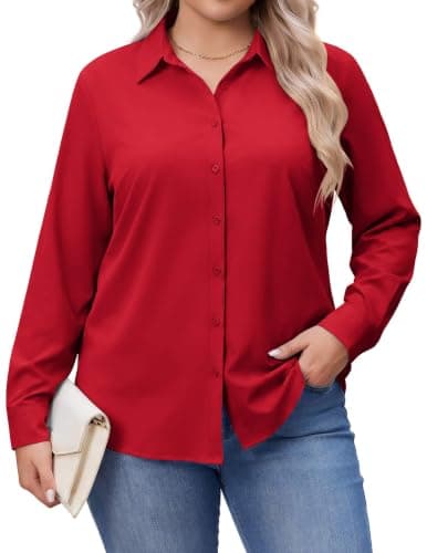 IN'VOLAND Plus Size Long Sleeve Shirts for Women Business Tops Blouses Red - Image 1