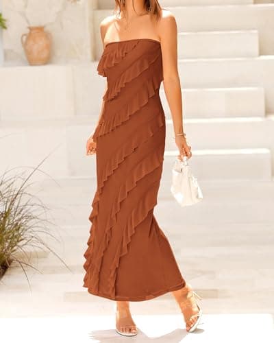 BTFBM Women Summer Elegant Strapless Midi Ruched Bodycon Dress Solid Color Stretch Mesh Slim Party Cocktail Dresses - Thumbnail 5