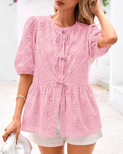 KIRUNDO Peplum Tops for Women 2026 Summer Eyelet Tie Front Blouses Casual Short Lantern Sleeve Cute Y2K Lace Babydoll Shirts(Pink, Small) - Thumbnail 5