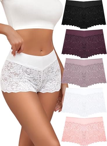 ALL OF SHE Lace Boyshort Sexy Underwear Womens Panties Cheeky Plus Size Lingerie Stretch Cotton Waistband S-3XL 5 Pack - Image 1