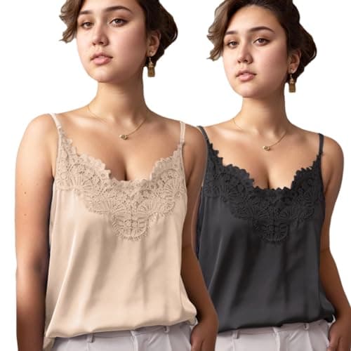 Silk Camisole Tops for Women Satin Cami Adjustable Strap Spaghetti Strap Silk Tank Tops Office Wear V-Neck Satin Lace Trim Cami Business Casual (US, Alpha, Small, Regular, Regular, Apricot+Black) - Image 1