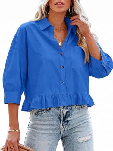 Cicy Bell Womens Cropped Button Down Shirts 3/4 Length Sleeve Casual Cotton Blouses Loose Fit Ruffle Hem Tops Royal Blue - Image 1
