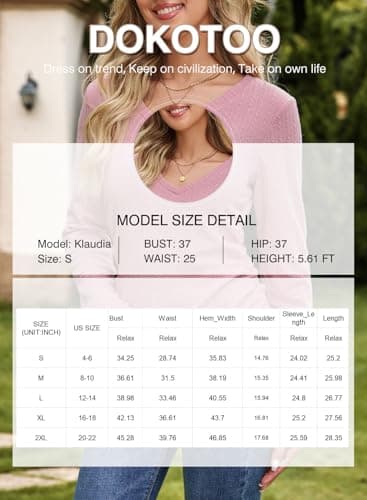 Dokotoo Long Sleeve Shirts for Women Comfy Fashion V Neck Solid Womens Tops Dressy Casual Trendy Loose Comfy Lightweight Basic Tee Shirts Ladies Business Side Ruched Slim Fitted Blouses White Medium - Thumbnail 6