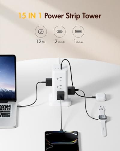 Power Strip Tower with Surge Protector 1800J, Fast Charging Tower PD20W USB-C Ports with 12 AC Outlets, 10ft Extension Cord for Home Office Dorm Room, White - Thumbnail 3