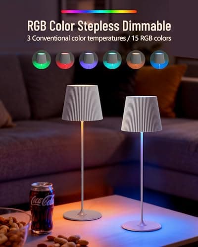 2 Pack Cordless Table Lamp,Portable RGB LED Desk Lamp,5000mAh Battery Powered,with Touch and Remote Control,Suitable for Dining Room,Bedroom, Outdoor,Coffee Shop,Night Light,Rechargeable (White) - Thumbnail 2