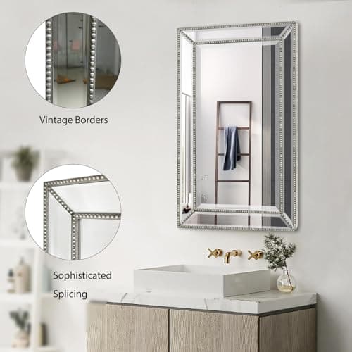 FOMAYKO Bathroom Medicine Cabinet with Silver Metro Beaded Wooden Frame, 16x26 Inch Retro Bevel Mirror, Recessed or Surface Mount Bathroom Cabinet,Space-Saving Storage Cabinet - Thumbnail 3