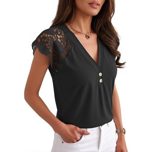 Angashion Womens Tops Lace Short Sleeve Casual V Neck Tunic with Button Summer Elegant Business Work Blouse Black Medium - Thumbnail 4