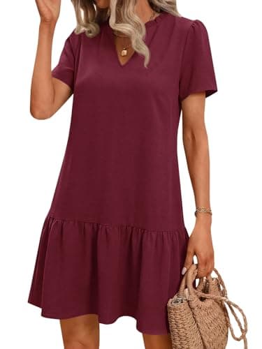 Wenrine Womens Casual Mini Dress Short Sleeve V Neck Drop Waist Ruffle Loose Summer Dresses with Pockets Burgundy - Image 1