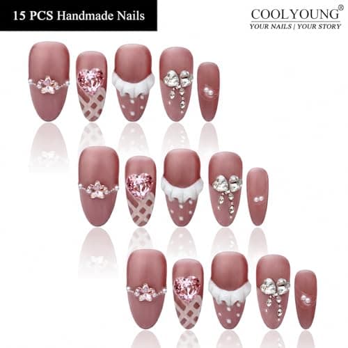 Handmade Nails Medium Pink Almond Press On Nails Press On Women Gifts 3D French Tip Press On Nails Stick On Nails For Women COOLYOUNG 15 PCS, Size S - Thumbnail 2