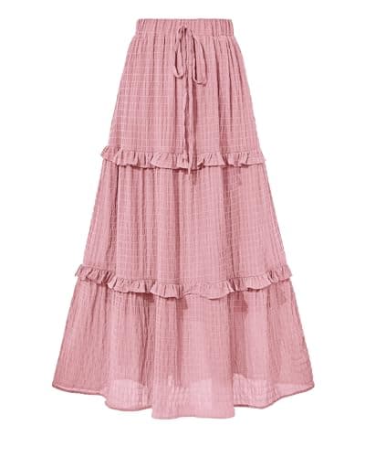 BTFBM Women's Long Summer Skirt 2025 Elegant High Waist Cocktail Party Wedding Guest Dress Flared A-Line Midi Skirts(Pink,X-Large) - Image 1
