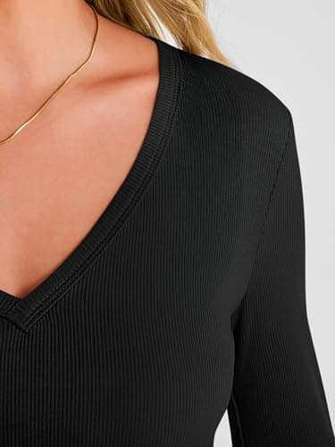 ANRABESS Women's Long Sleeve Deep V Neck Tops Black Medium - Thumbnail 2