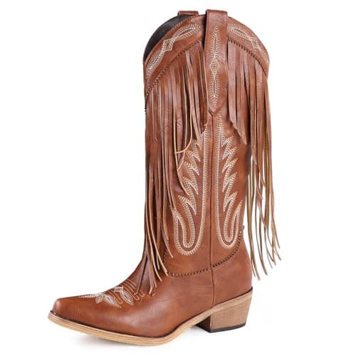 FancyQueen Cowboy Boots for Women Mid Calf Embroidered Cowgirl Boots Western Chunky Heel Pointed Toe country boots for women Pull On - Image 1